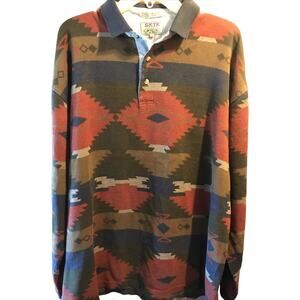 Skyr Vintage Mens XL Aztec Tribal Print Long Sleeve 1/4 Button Cotton Polo Shirt